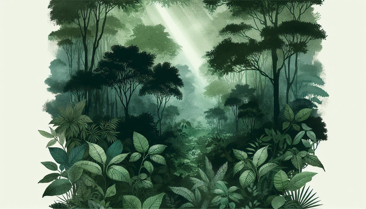 Misty green forest wallpaper design file showing detailed botanical pattern and layered wilderness scene