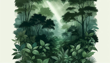 Misty green forest wallpaper design file showing detailed botanical pattern and layered wilderness scene
