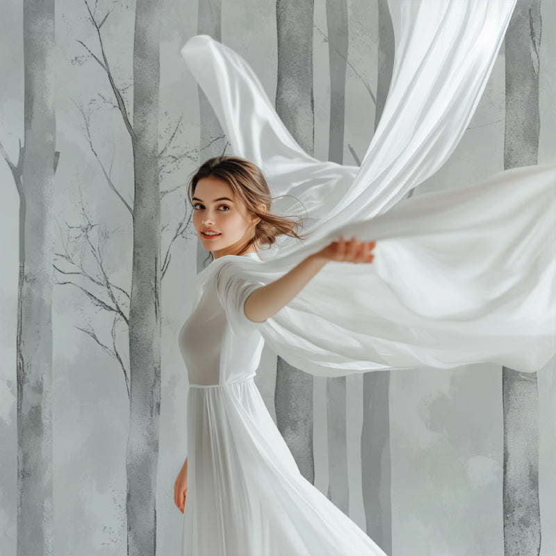 Misty tree mural adding serenity to master bedroom with soft lighting
