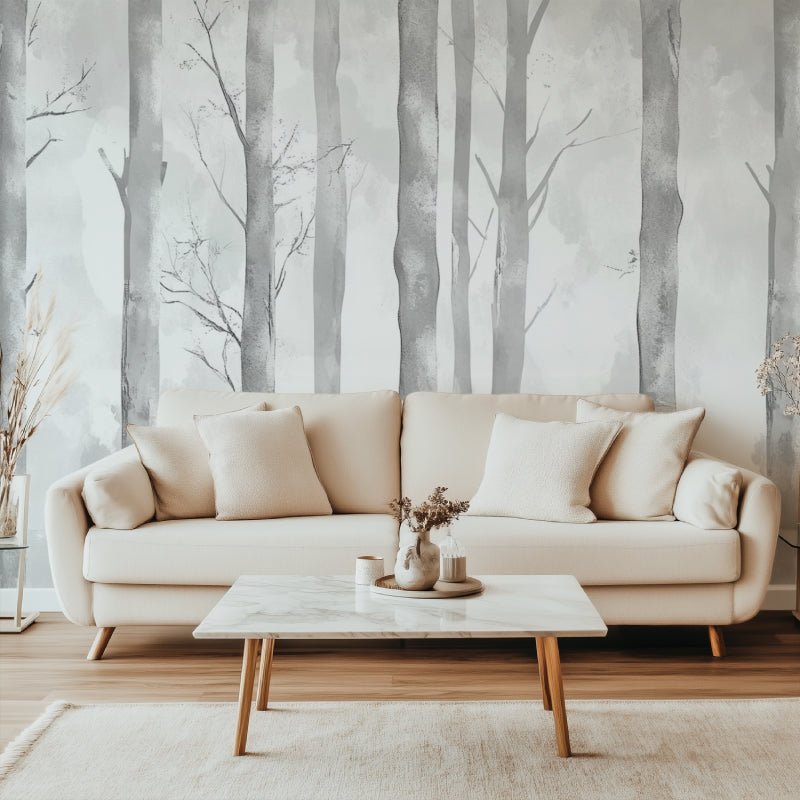 Tree silhouette wallpaper creating focal point in minimalist home office