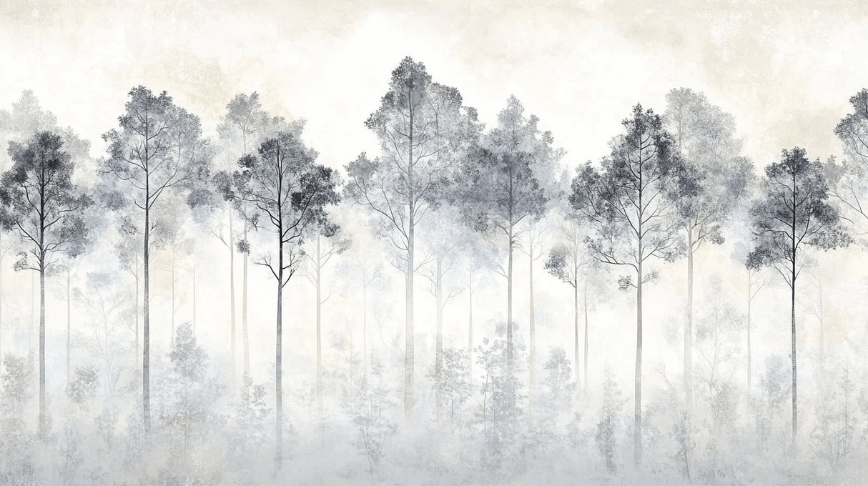 Design file showing full misty forest pattern with detailed grey trees and fog effect
