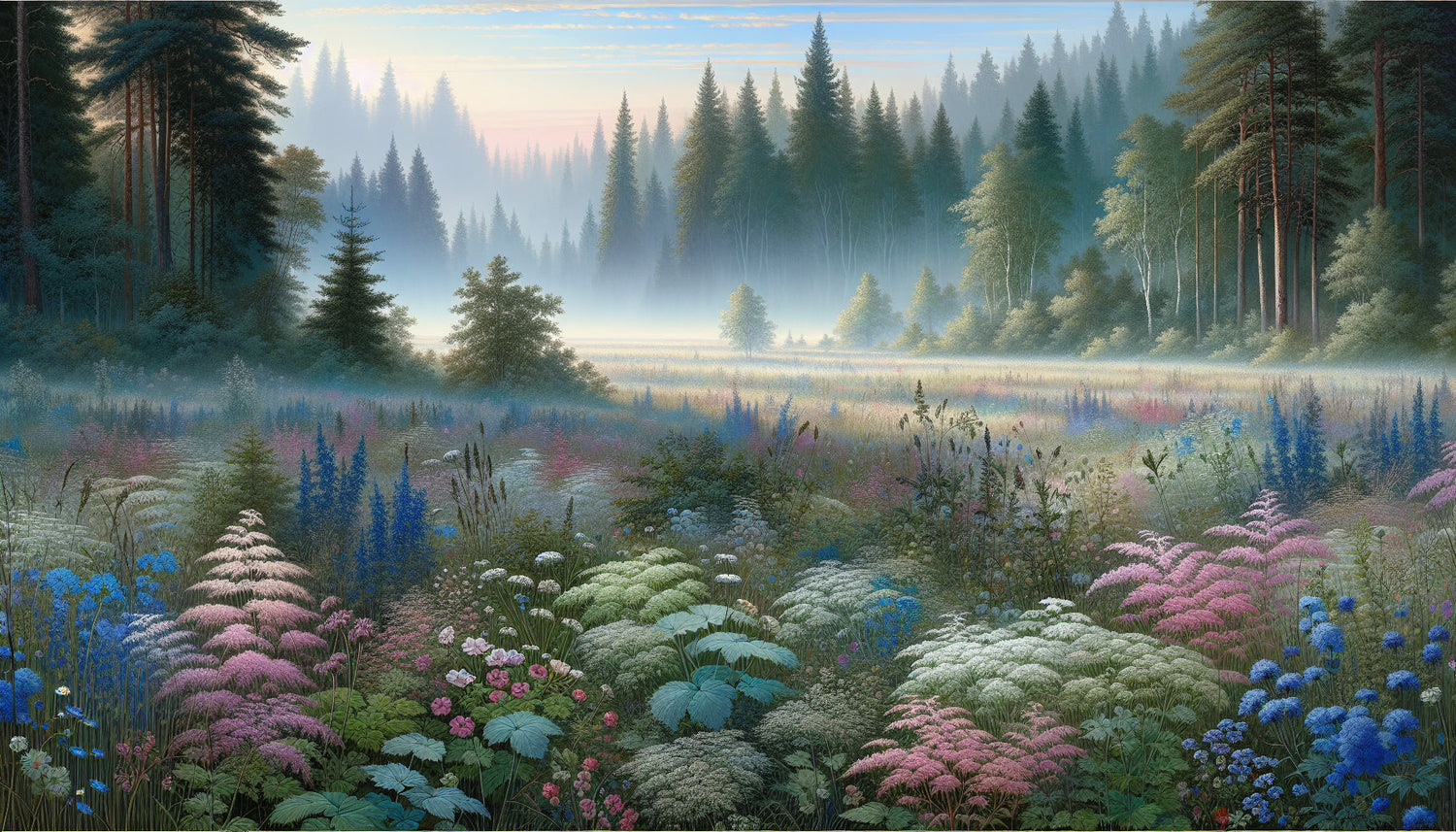 Misty forest wallpaper design file showing detailed pine trees and meadow landscape pattern