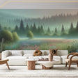 Forest meadow wallpaper mural creating a dreamy atmosphere in a bright living room with modern furniture