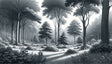 Monochrome forest wallpaper in modern minimalist living room showing misty tree silhouettes