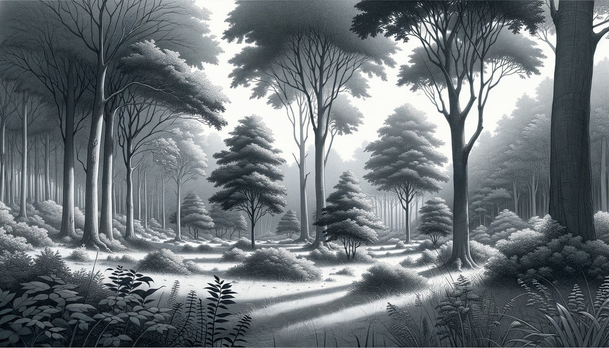 Monochrome forest wallpaper in modern minimalist living room showing misty tree silhouettes