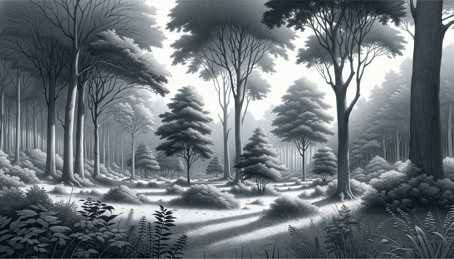 Monochrome forest wallpaper in modern minimalist living room showing misty tree silhouettes