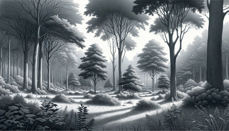 Monochrome forest wallpaper in modern minimalist living room showing misty tree silhouettes