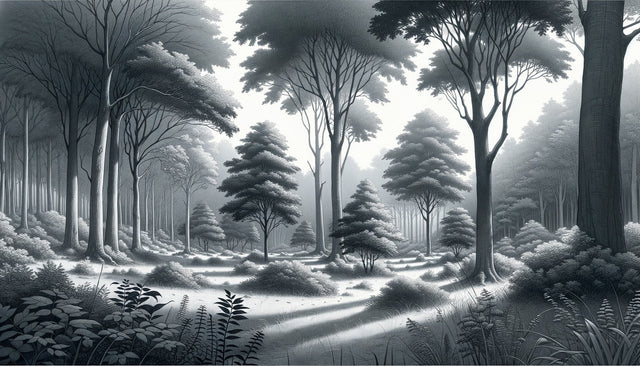 Monochrome forest wallpaper in modern minimalist living room showing misty tree silhouettes