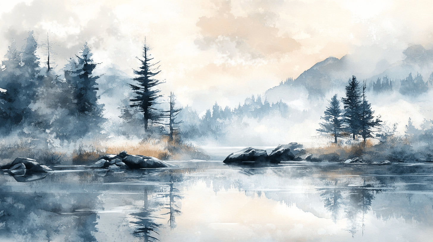 Mountain lake wallpaper design file showing detailed misty forest and water pattern