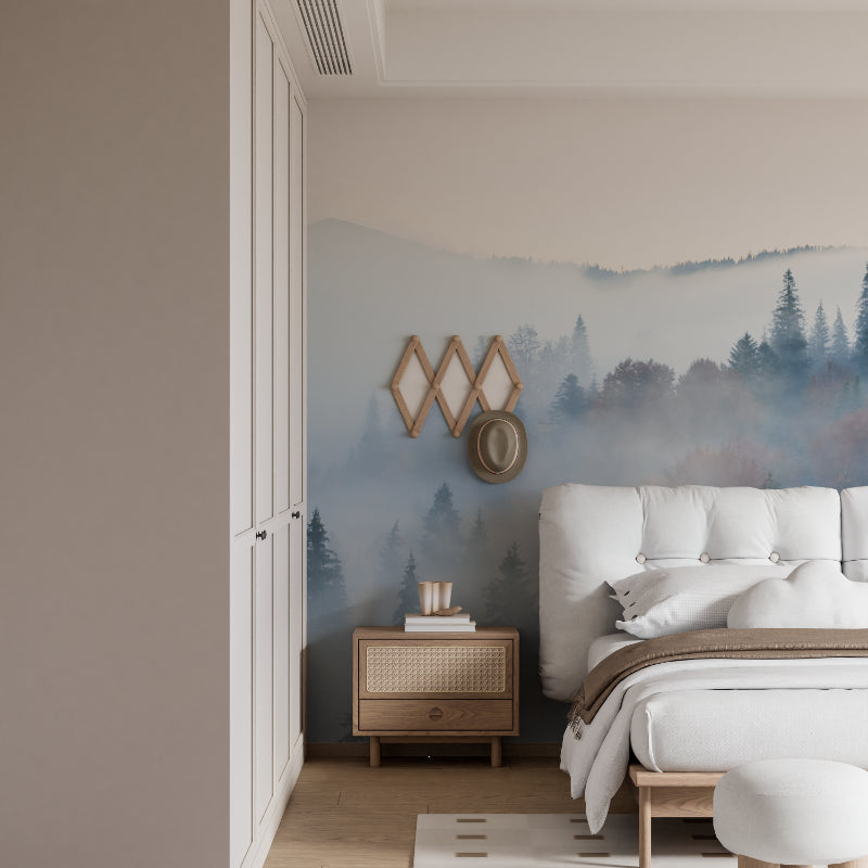 Misty pine tree mural bringing nature into a cozy bedroom setting