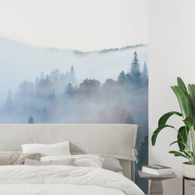 Mountain landscape wallpaper creating a peaceful dining room atmosphere