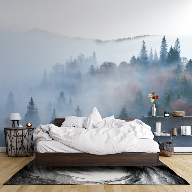 Misty forest mural adding depth to a minimalist entrance hall