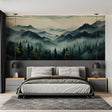 Forest mural wallpaper creating depth in modern living room with natural light