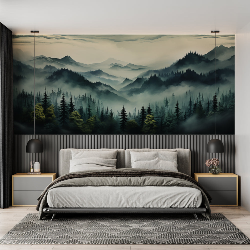 Forest mural wallpaper creating depth in modern living room with natural light