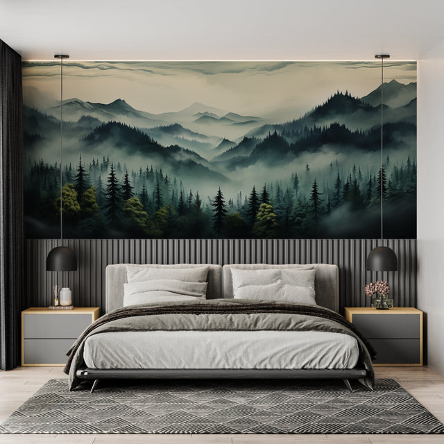 Forest mural wallpaper creating depth in modern living room with natural light