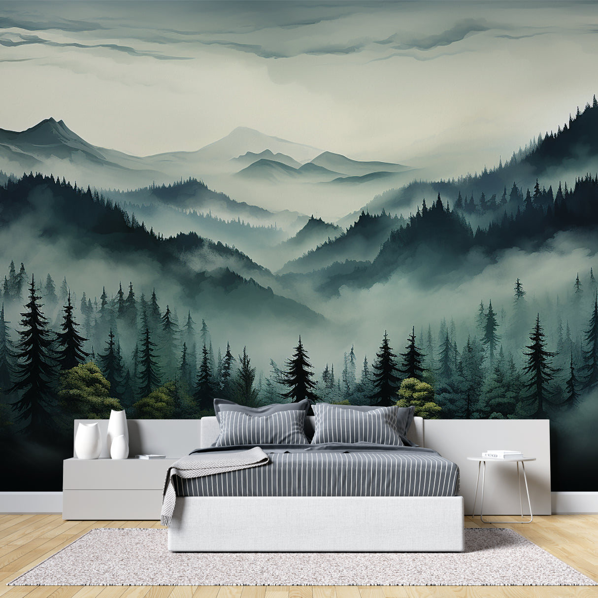 Mountain pine tree wallpaper in cozy bedroom setting