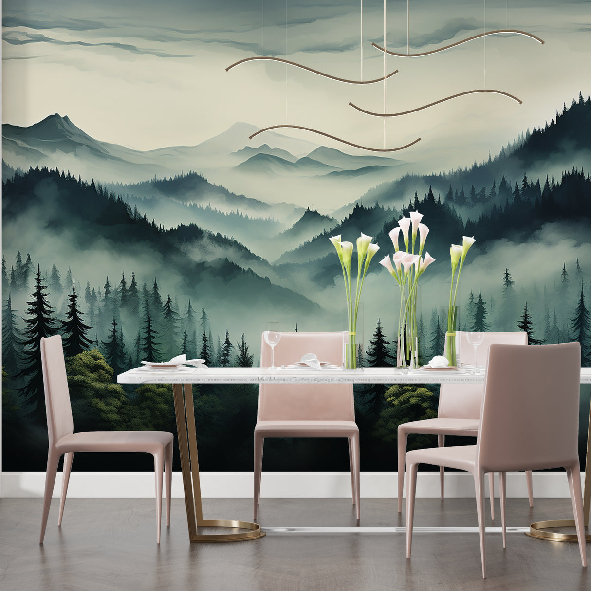 Misty forest wallpaper adding natural feel to home office space