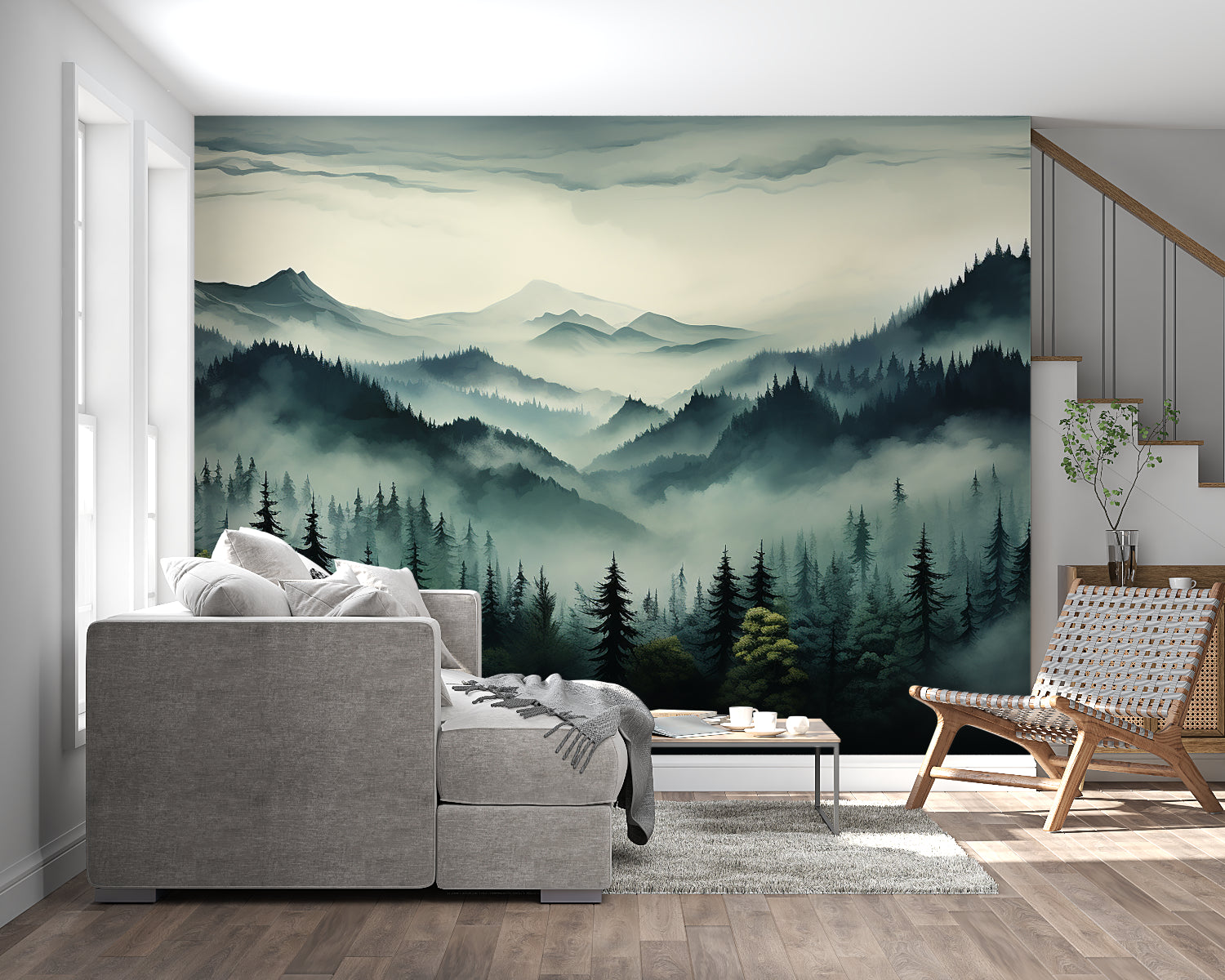 Pine tree mural creating calming atmosphere in dining room