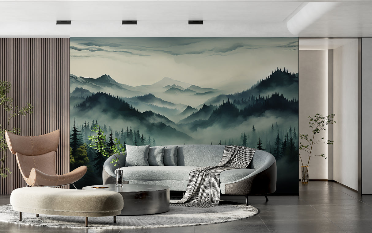 Forest wall mural bringing outdoor feel to meditation room