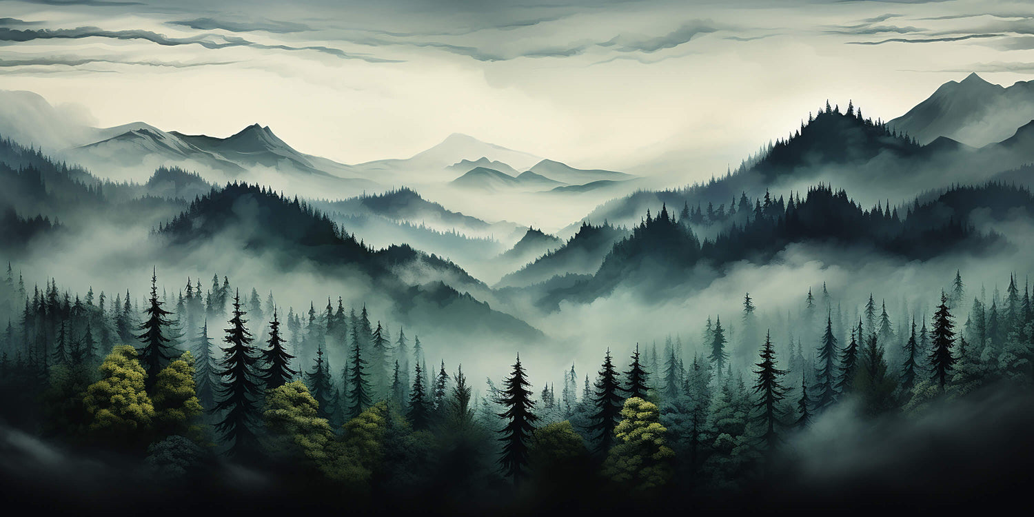 Mountain forest wallpaper design file showing misty pine tree pattern in detail