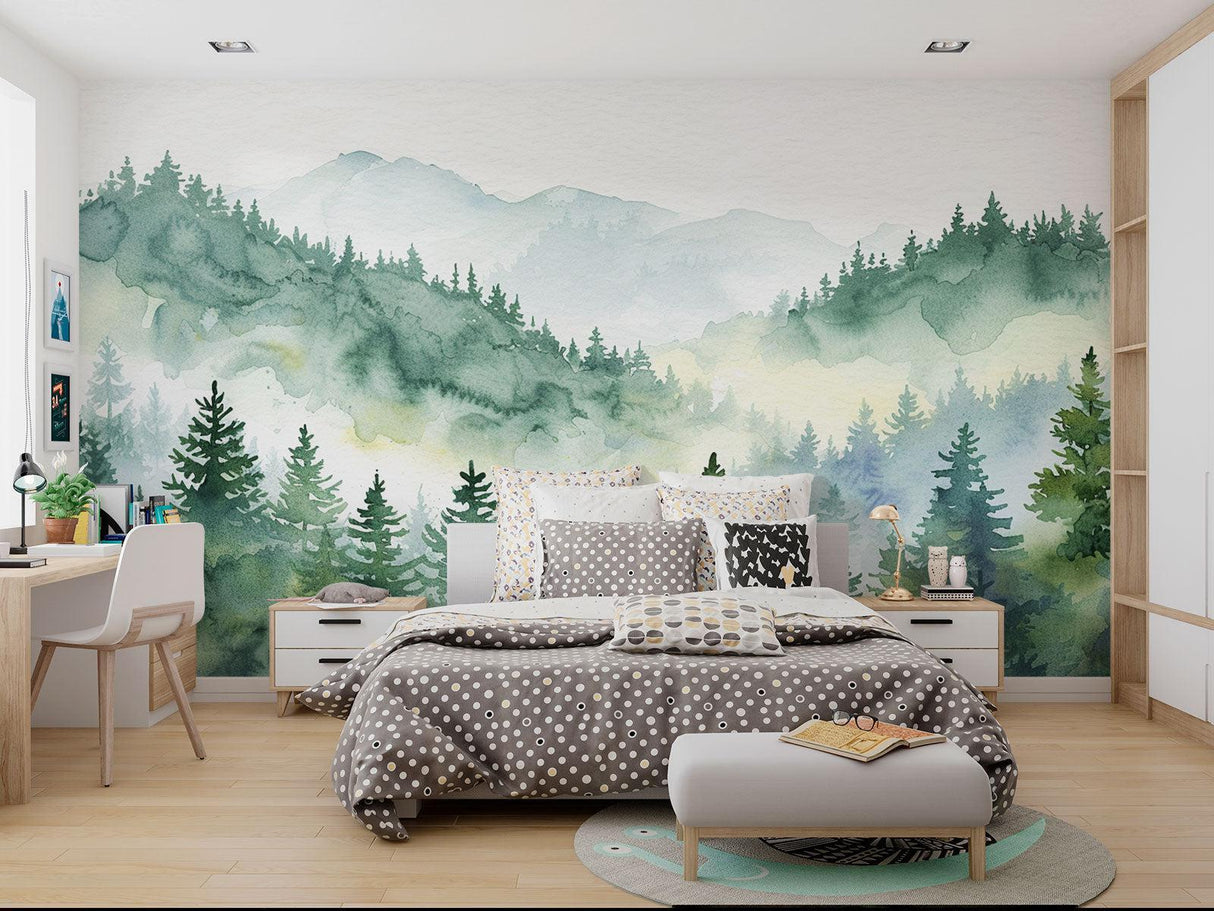 Forest wallpaper mural in modern living room with grey sofa and natural light