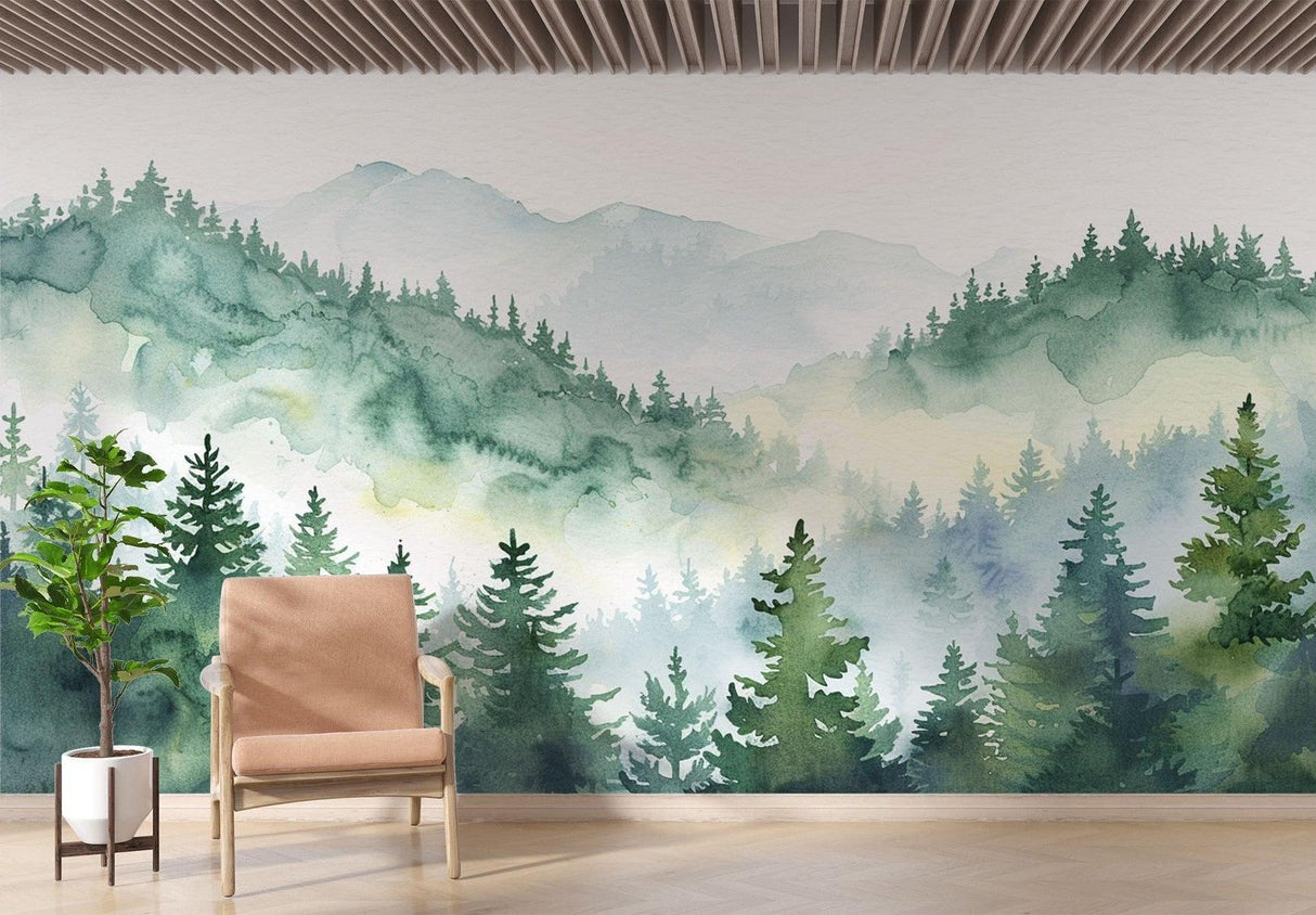 Mountain forest mural creating depth in minimal bedroom setting