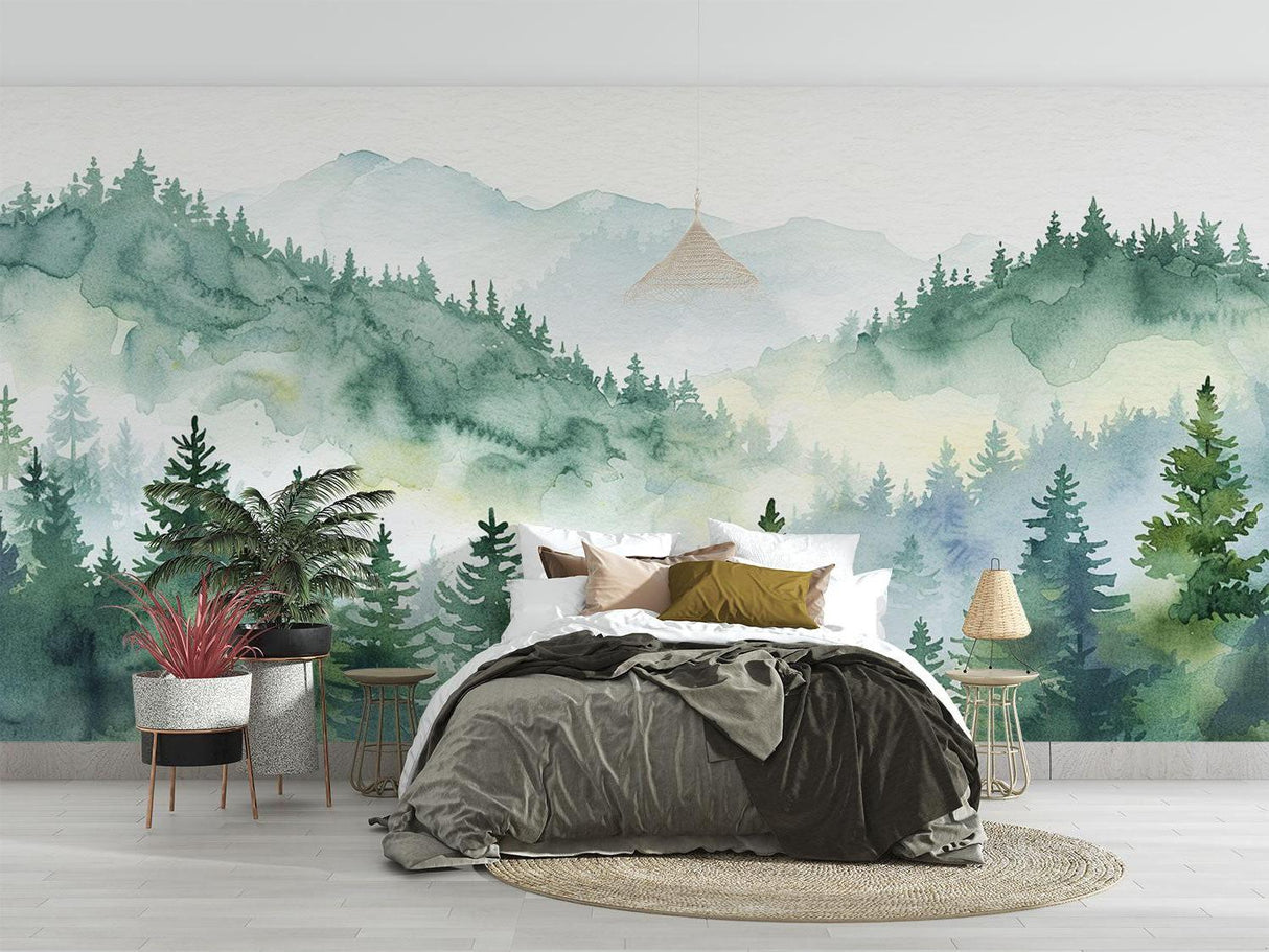 Watercolor forest wallpaper in contemporary dining room space
