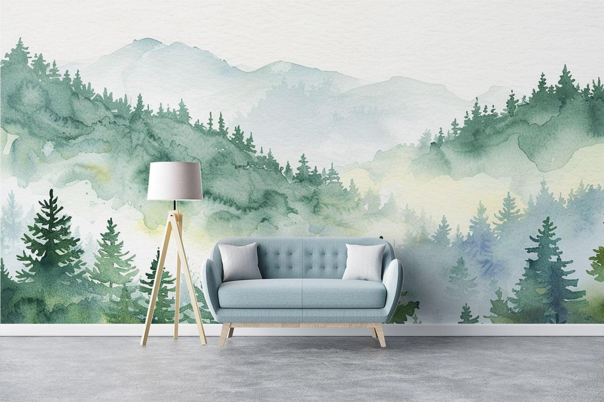 Misty forest mural wallpaper in cozy reading nook with natural decor