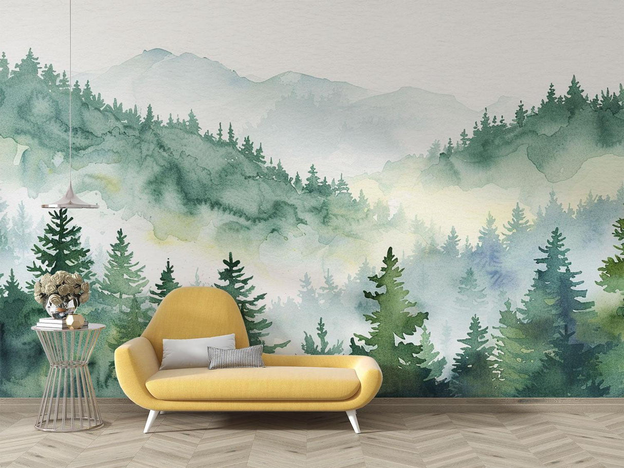Forest mural creating serene atmosphere in meditation room