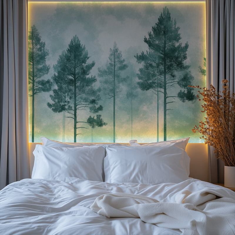 Pine tree wall mural creating depth in minimal living room setting