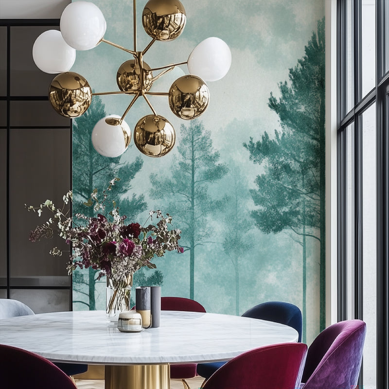 Misty forest wallpaper in modern home office with natural decor