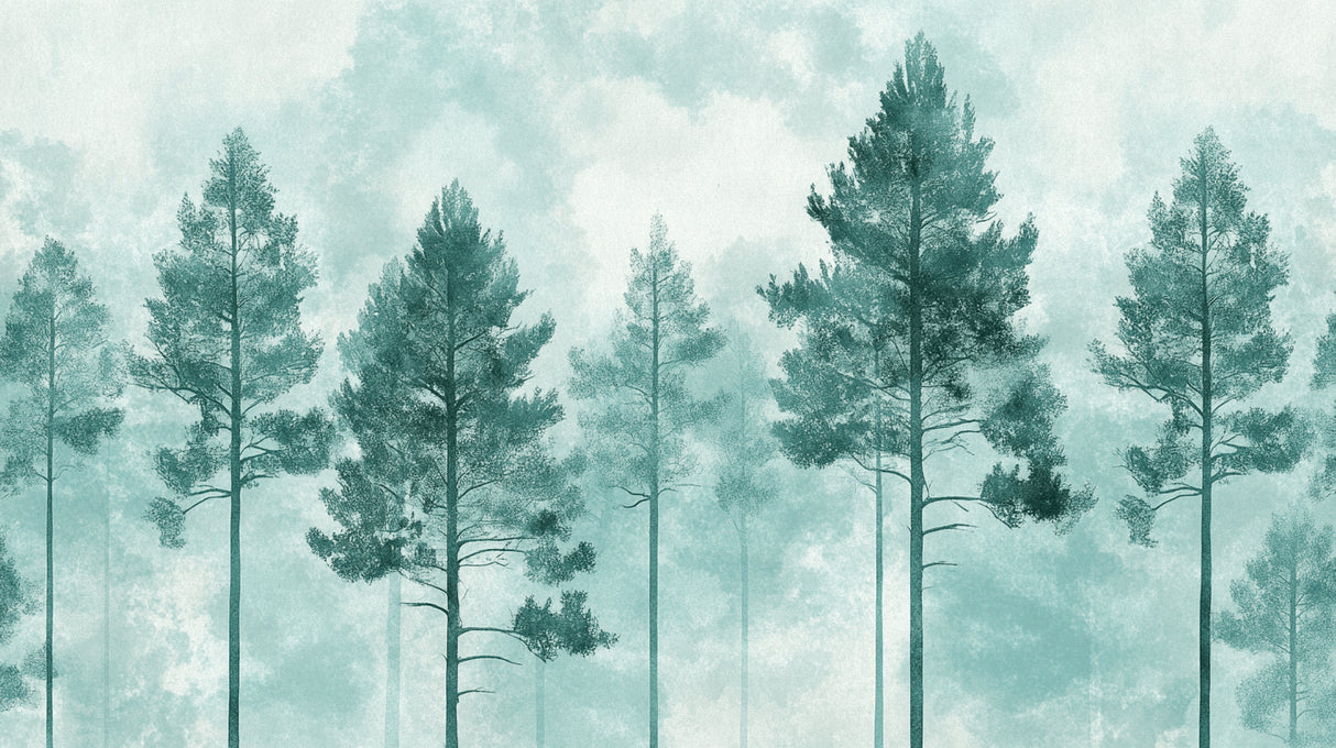 Pine forest wallpaper design file showing misty morning scene with towering trees