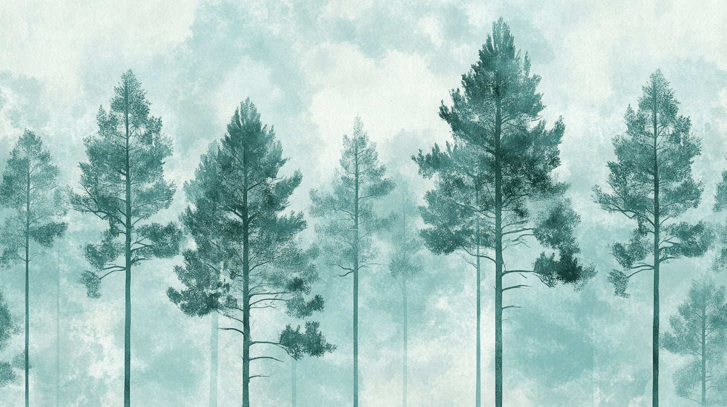 Pine forest wallpaper design file showing misty morning scene with towering trees