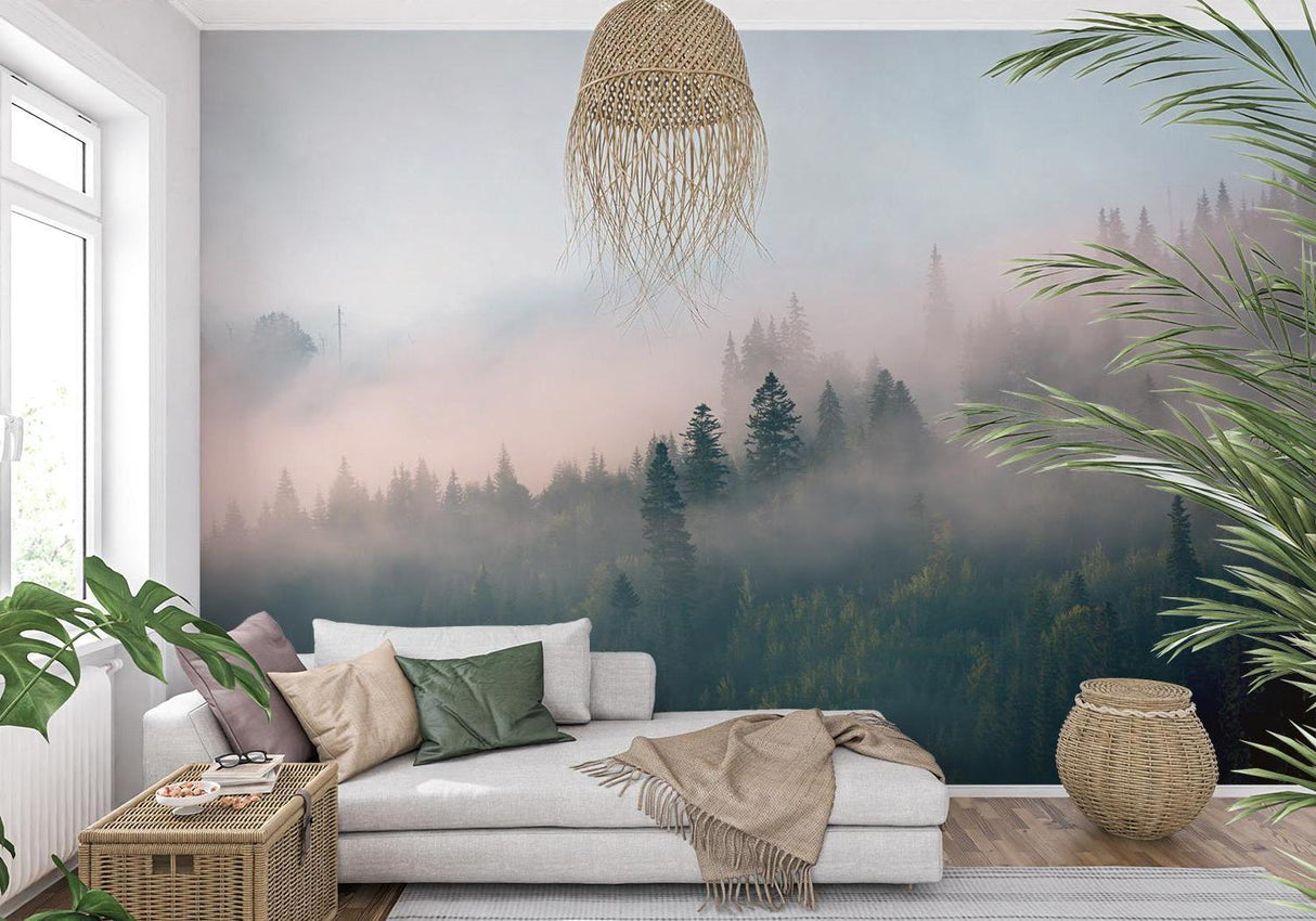 Misty forest wallpaper creating depth in modern living room, morning light filtering through pine trees