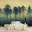 Forest mural wallpaper creating depth in modern living room with morning light streaming through windows