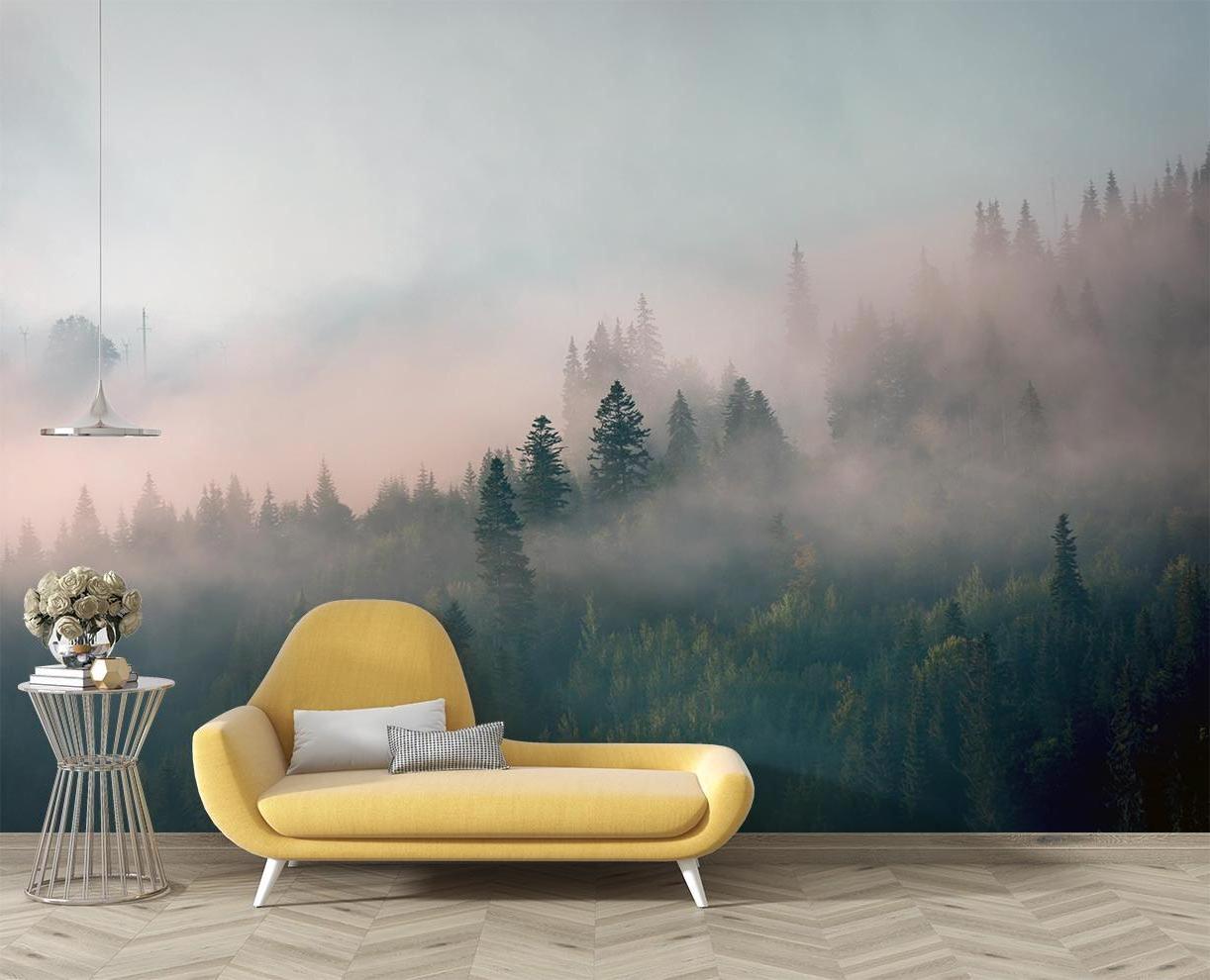 Pine forest mural in cozy bedroom setting, soft dawn colors enhancing relaxing atmosphere