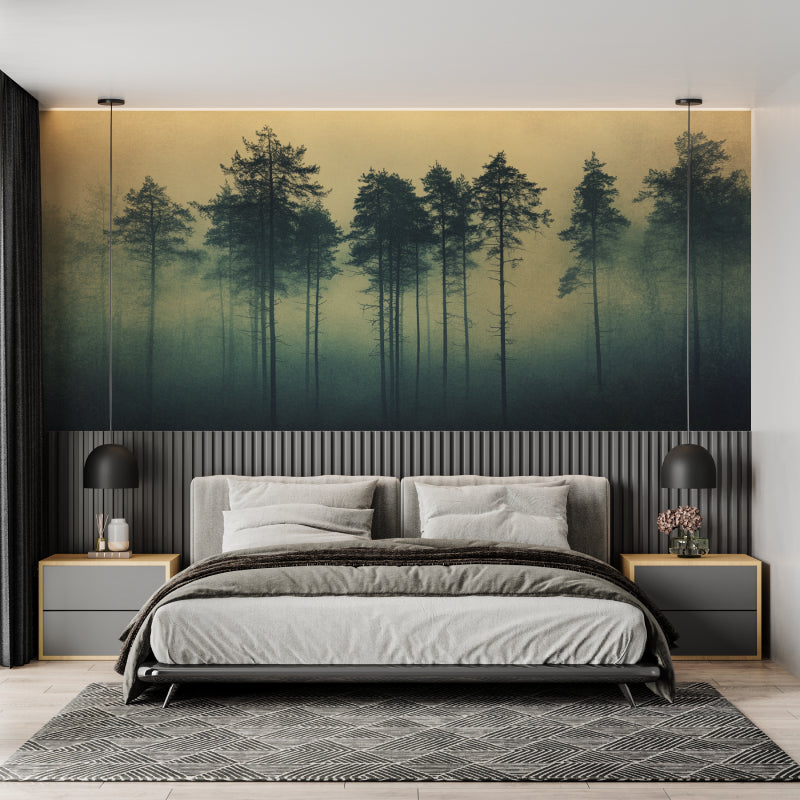 Forest scene wallpaper in dining room creating peaceful dining experience