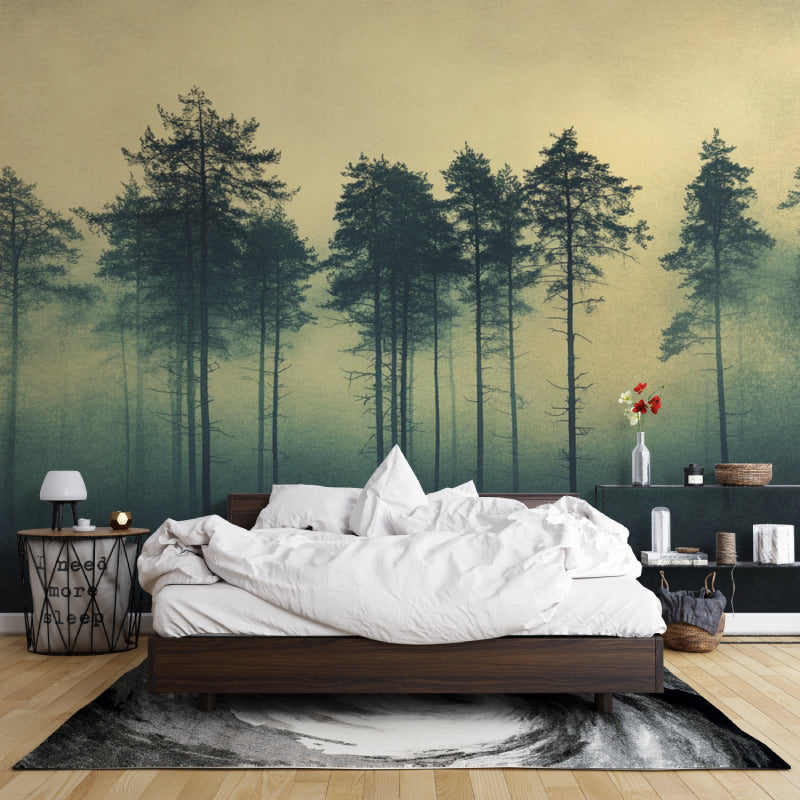 Pine tree mural adding depth to meditation room with natural lighting