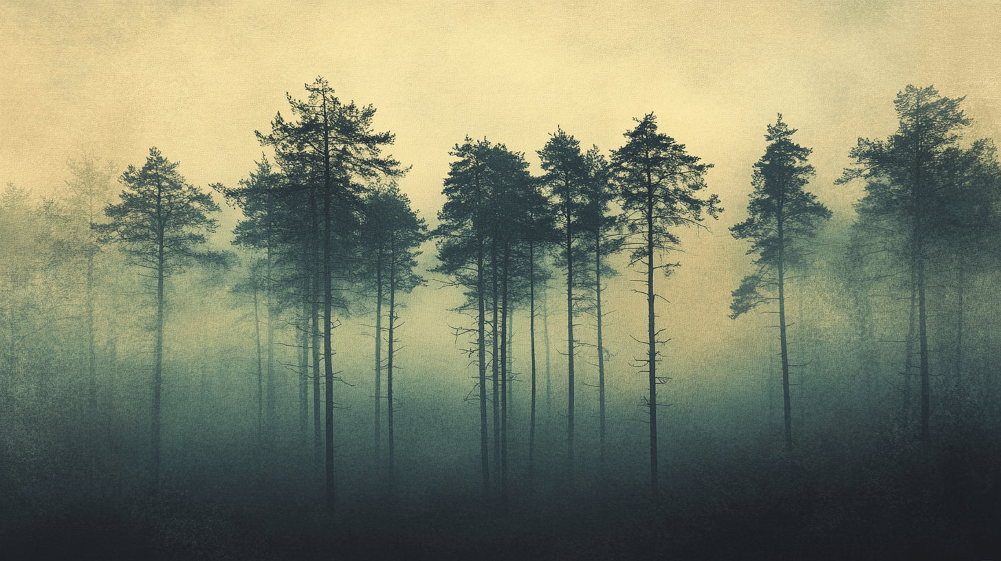 Forest wallpaper design file showing detailed misty pine trees at dawn pattern