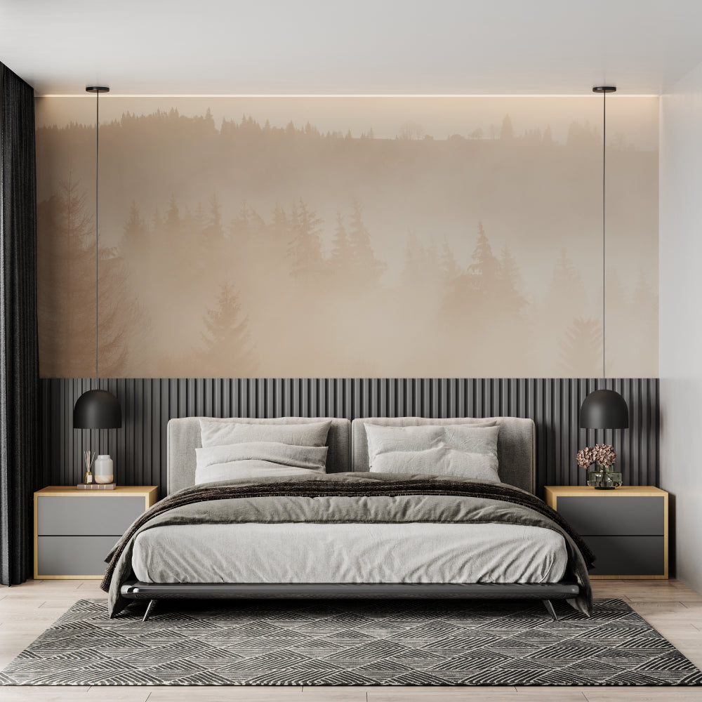 Misty forest wallpaper creating a calm atmosphere in a modern living room with natural light