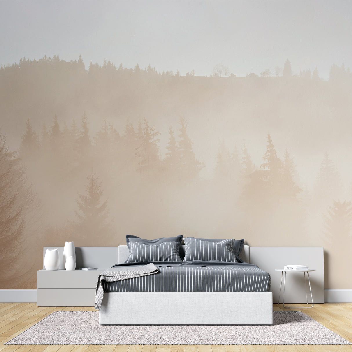 Pine tree mural wallpaper adding depth to a cozy bedroom setting