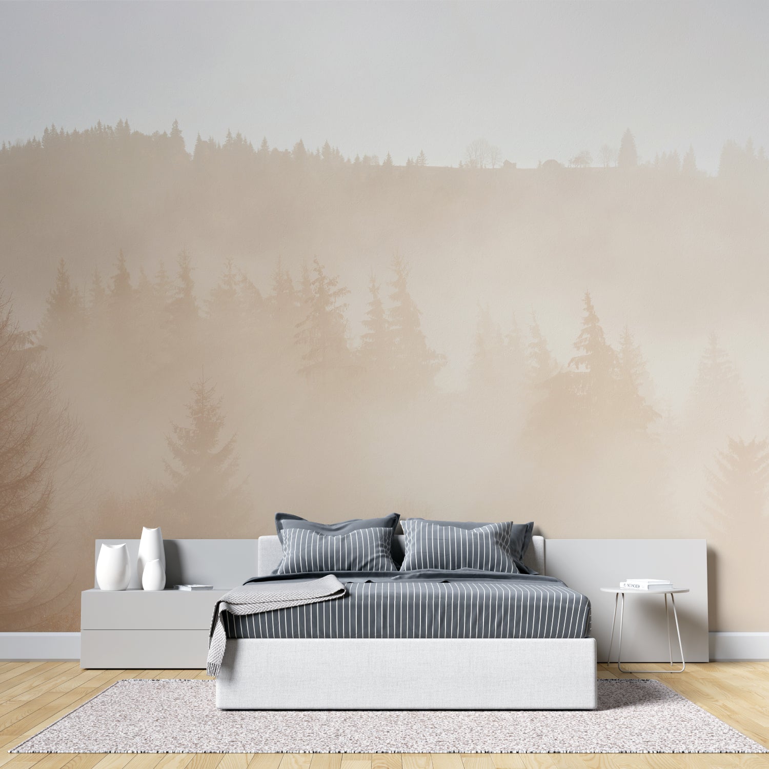 Pine tree mural wallpaper adding depth to a cozy bedroom setting