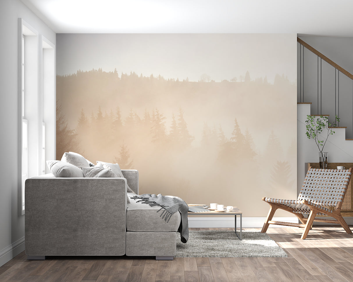 Forest wall mural transforming a minimalist dining room with soft beige tones