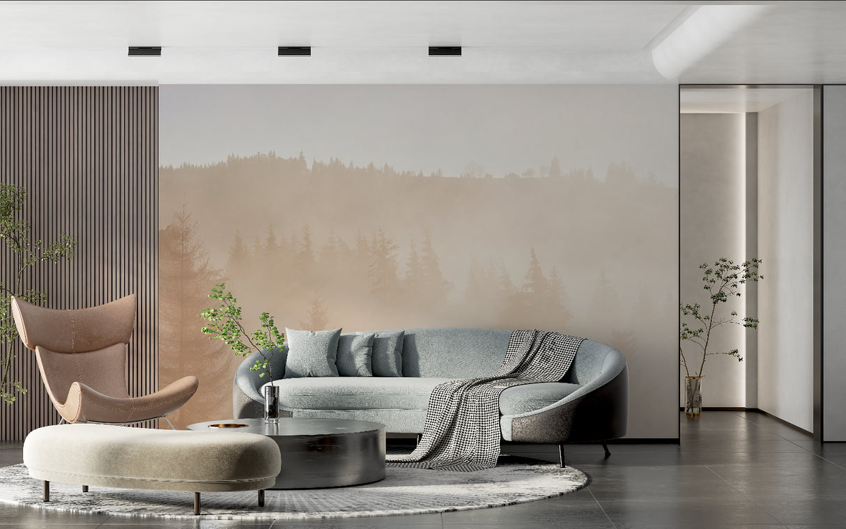Misty pine tree wallpaper making a statement in a home office space
