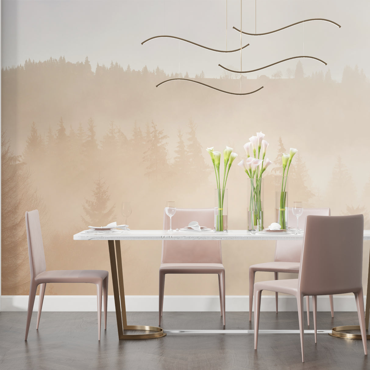 Beige forest mural creating depth in a small reading nook