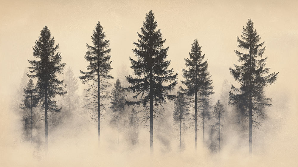 Modern living room featuring a Pine Tree Forest Mural Wallpaper in soft beige tones, creating a serene atmosphere