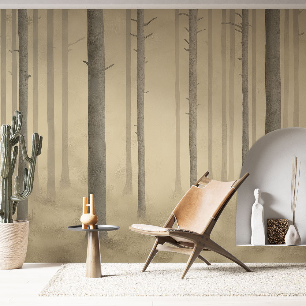 Misty forest wallpaper creating depth in a modern living room, soft beige and grey tones complementing contemporary furniture