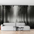Misty forest wallpaper creating depth in a modern living room with grey furniture