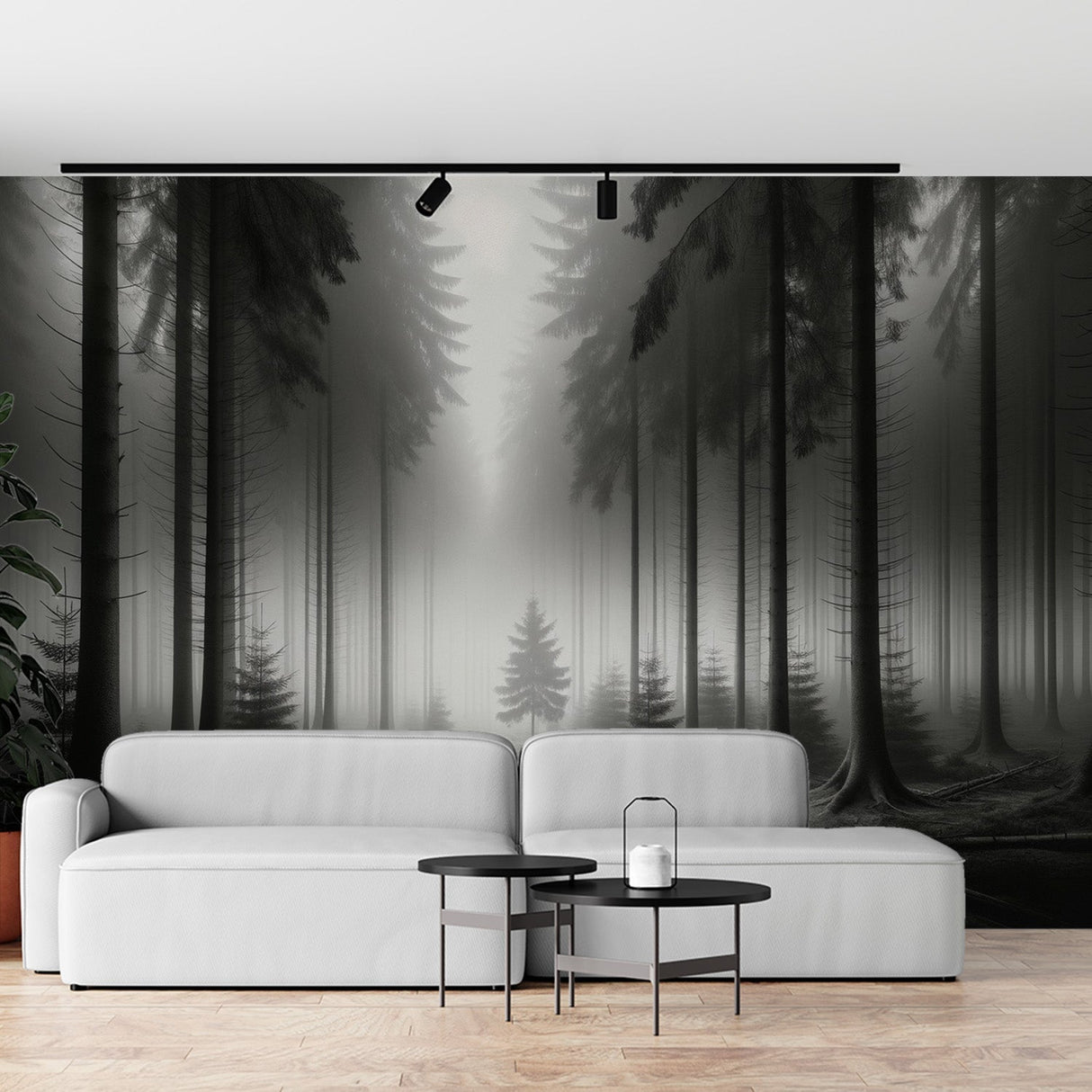 Misty forest wallpaper creating depth in a modern living room with grey furniture
