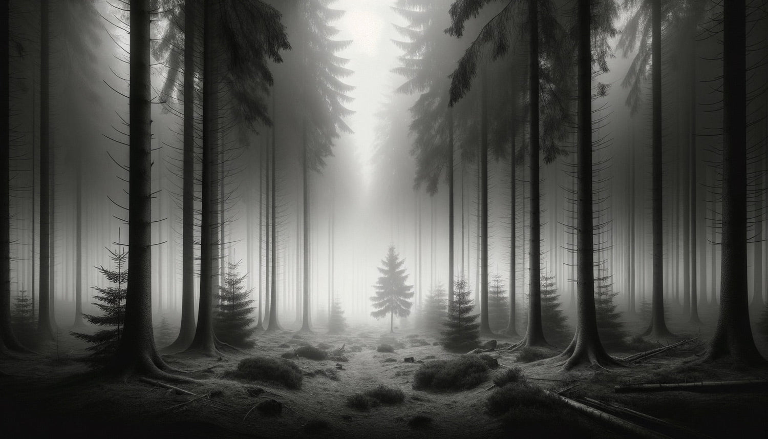 Black and grey forest mural adding atmosphere to a minimal bedroom setup